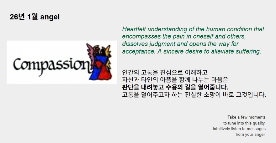 1월의 엔젤은 '연민'입니다. 꼭 안고 있는 연민의 천사 에너지로 가득차 있을 때, 여러분의 1월을 향한 의도문을 절로 이루어진다 합니다. 여러분의 1월은 어디에 의도(intention)를 세우고 싶으신가요?&nbsp;