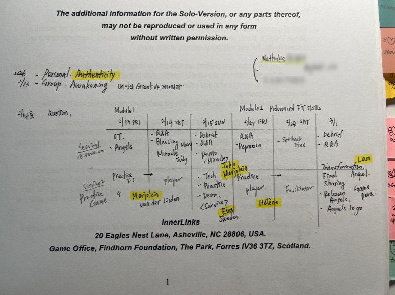6일 동안의 교육과정의 기록: 솔로버전에 다른 칸들(감사, 축복, 자유의지, 번뜩이는 직관, 기적, 봉사칸에 대해 배운 시간들)
