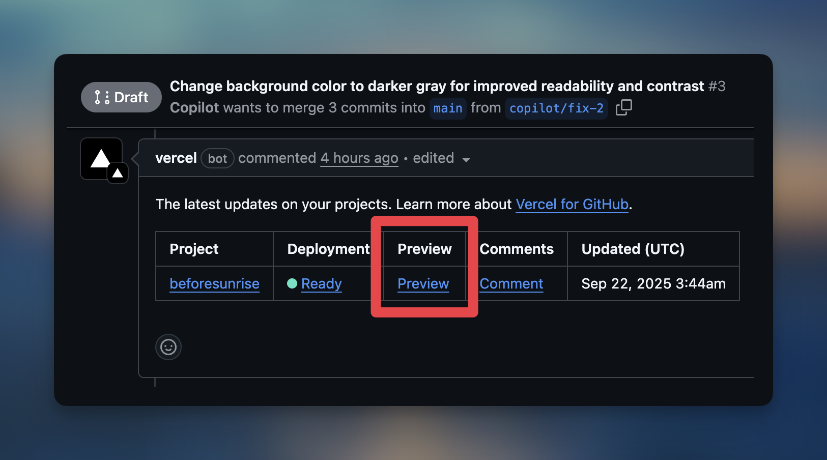 Pull Request에 보이는 Vercel의 미리보기 링크메인 브랜치에 병합하기 전에도 변경될 내용을 미리 볼 수 있다.