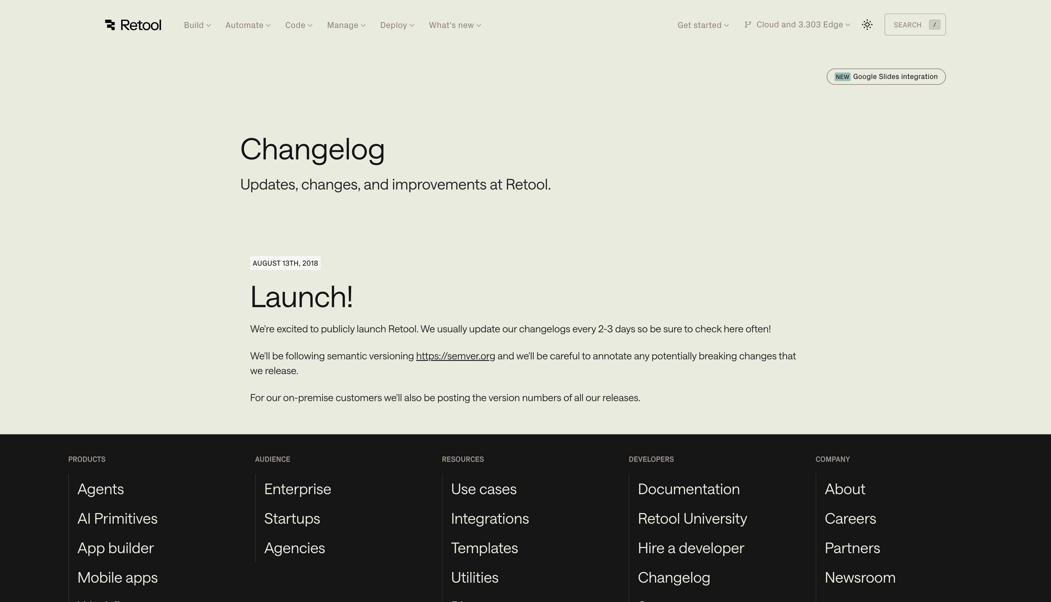 리툴의 Changelog 화면. 2018년 8월 13일 공식 런칭 기록이 올라와 있는 것을 확인할 수 있다.(출처: https://docs.retool.com/changelog/launch)