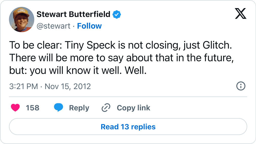 2012년 11월 15일, 글리치 종료 직후 스튜어트가 올린 트윗. 