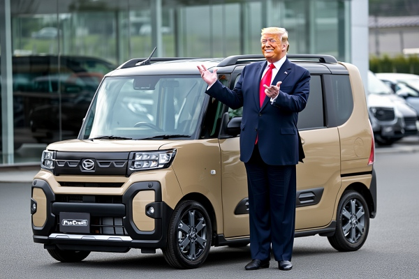 트럼프 대통령이 일본 경차를 칭송하는 모습을 묘사한 가상 이미지 [사진: Reve AI]