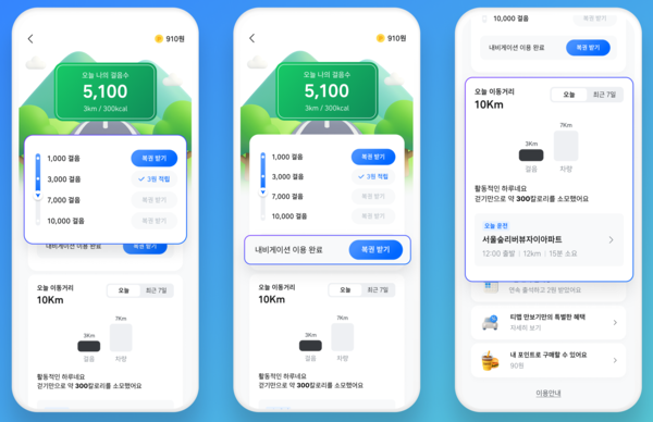 &nbsp; 걸음·주행 데이터를 통합한 만보기 기능을 출시했다. [사진: 티맵모빌리티]