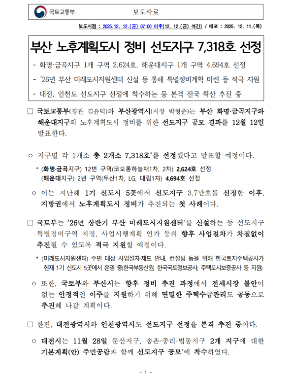 2025년12월12일 국토교통부 '부산 노후계획도시 정비 선도지구 7,318호 선정' 보도자료 내용 분석 및 비즈니스 인사이트의 썸네일 이미지