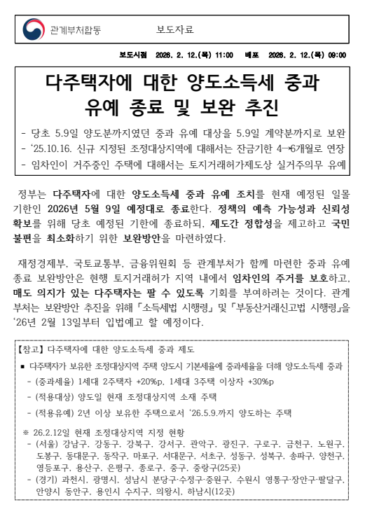 2026년2월12일 관계부처합동 “다주택자에 대한 양도소득세 중과 유예 종료 및 보완 추진” 보도자료 내용 분석 및 비즈니스 인사이트의 썸네일 이미지