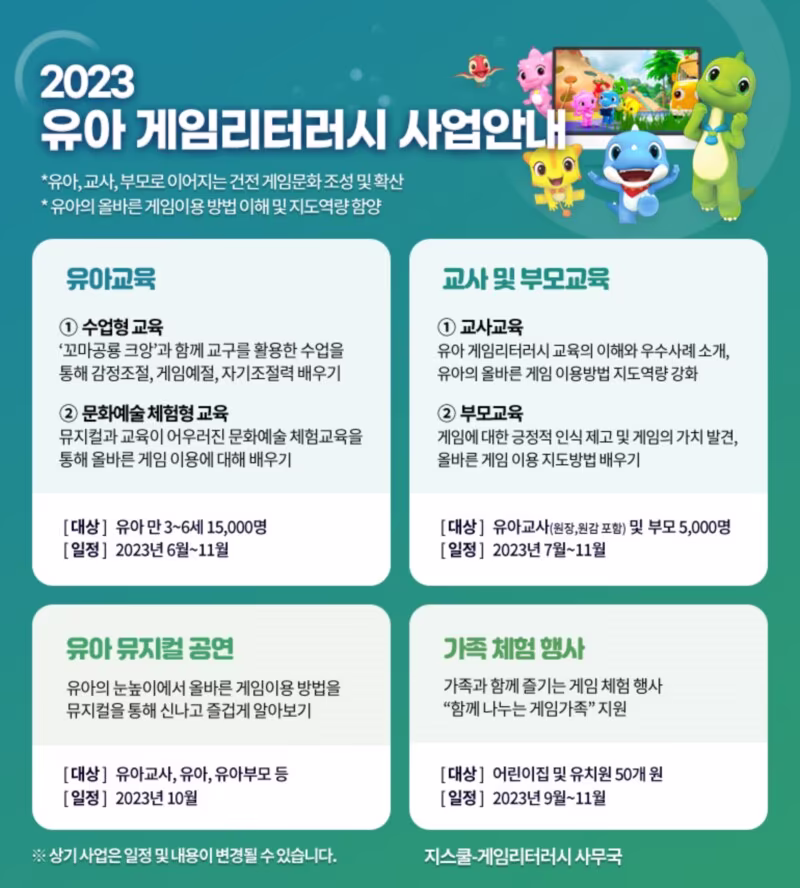 한국콘텐츠진흥원과 문화체육관광부가 시행하는 유아 게임리터러시 사업 (출처: KOCCA)
