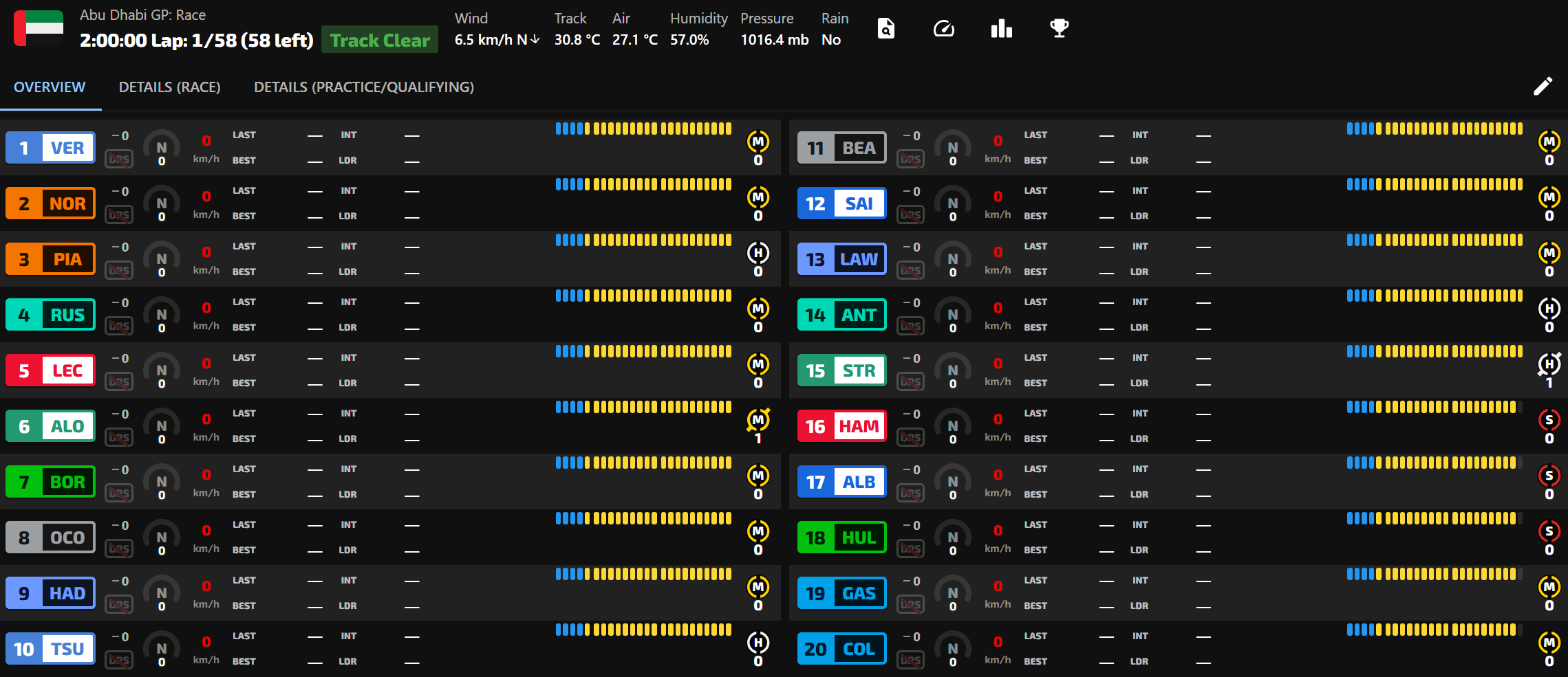 야스 마리나 2025 레이스 스타트 전 타이어 상황 / 포메이션 랩 시작 직전 라이브타이밍 스크린샷