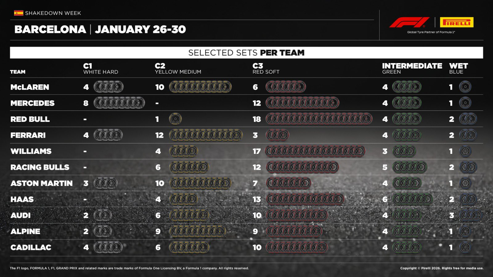 1월 26-30일 바르셀로나 셰이크다운, 팀별 타이어 선택