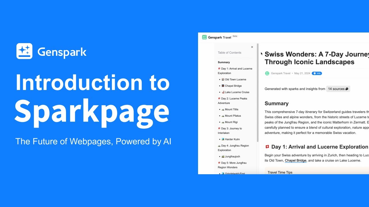 여러 웹 자료를 하나의 맞춤형 페이지로 구성한 Genspark의 초기 Sparkpage 화면. 출처: Genspark