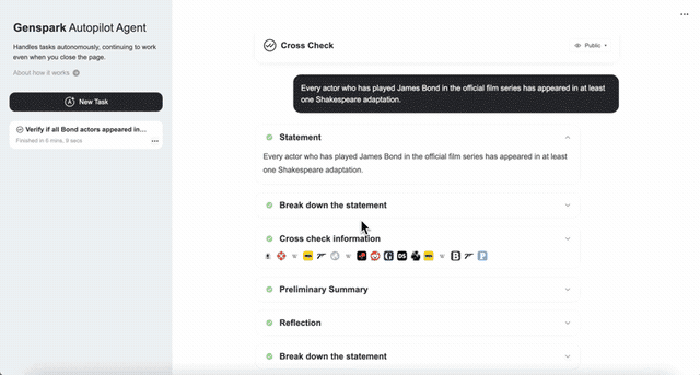 여러 자료를 조사하고 교차 확인하는 Genspark Autopilot Agent의 작업 화면. 출처: Genspark