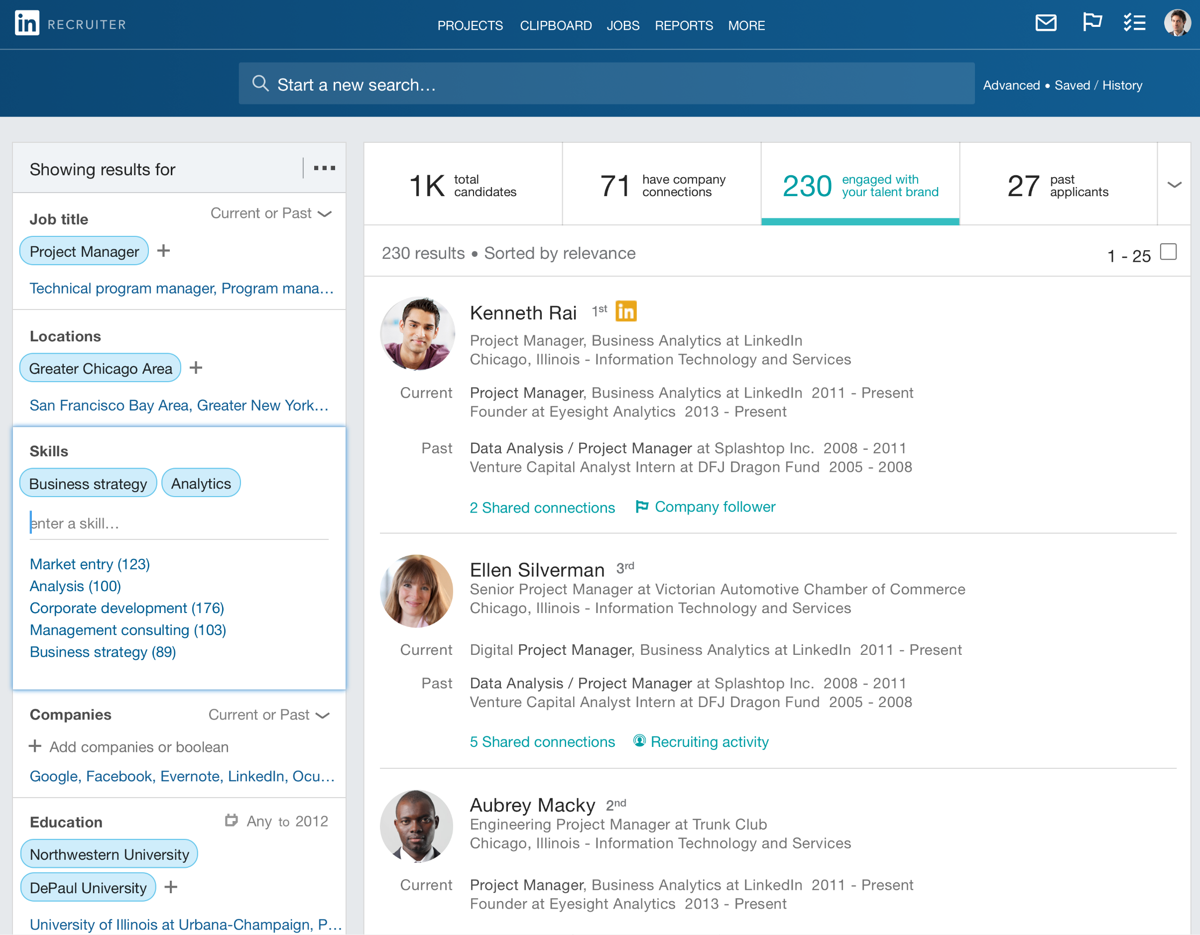 LinkedIn Recruiter 인터페이스 화면이예요. 화면에는 다양한 필터(예: 직무, 위치, 스킬 등)와 함께 후보자의 프로필이 리스트 형태로 표시되는 채용자 대상 서비스예요.