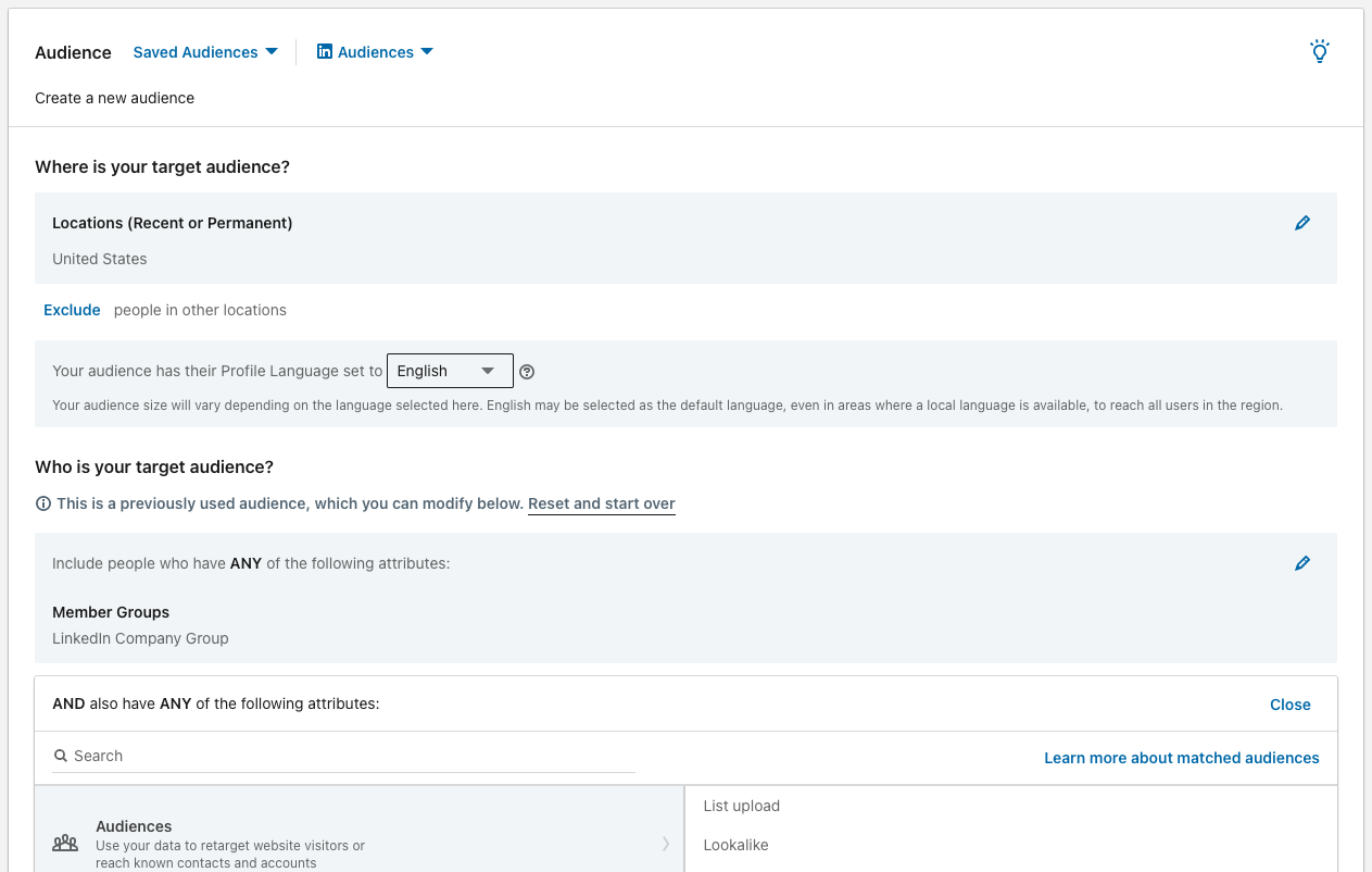 LinkedIn Campaign Manager 내의 타겟 설정 화면이예요. 여기서 초정밀 B2B 타겟팅 광고 설정을 하면 해당 타겟에게만 광고가 노출되요.