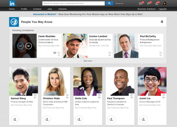 LinkedIn이 AI 기반으로 만들어주는 네트워크인 ‘알 수도 있는 사람(People you may know)’ 추천 화면이예요.
