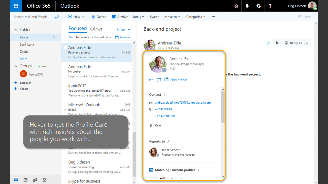 Microsoft Outlook (Office 365) 내 이메일 수신자 이름 클릭시 Linkedin 프로필 카드 확인 가능하도록 통합한 화면