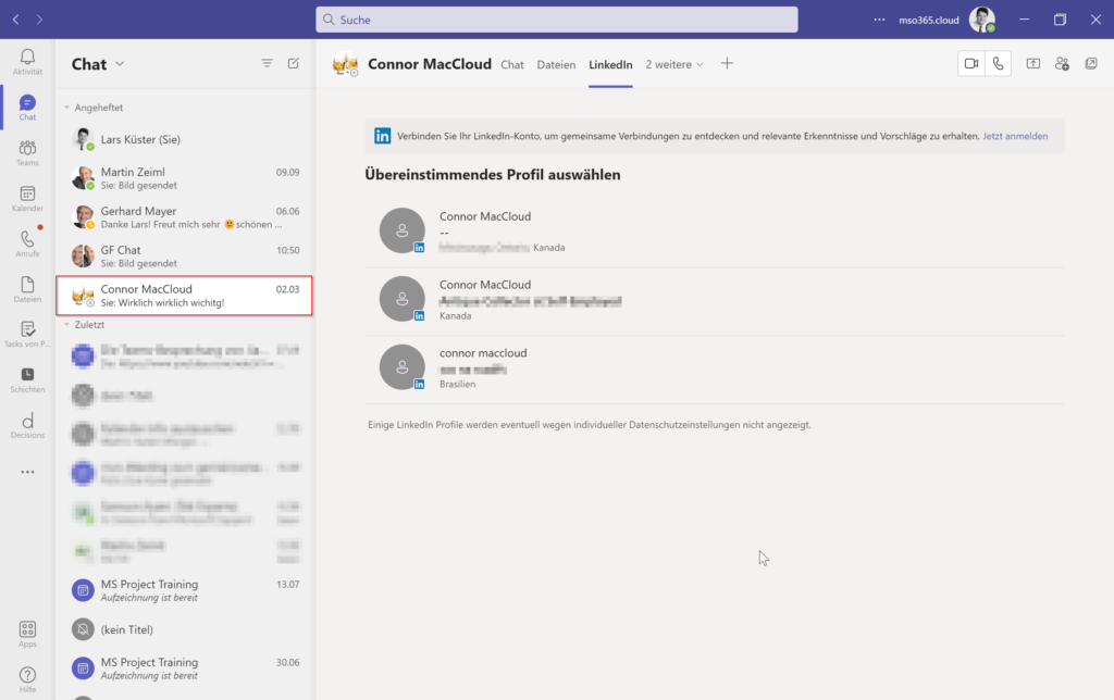 Microsoft Teams 대화창에서 바로 LinkedIn 프로필 확인 가능하도록 통합한 화면
