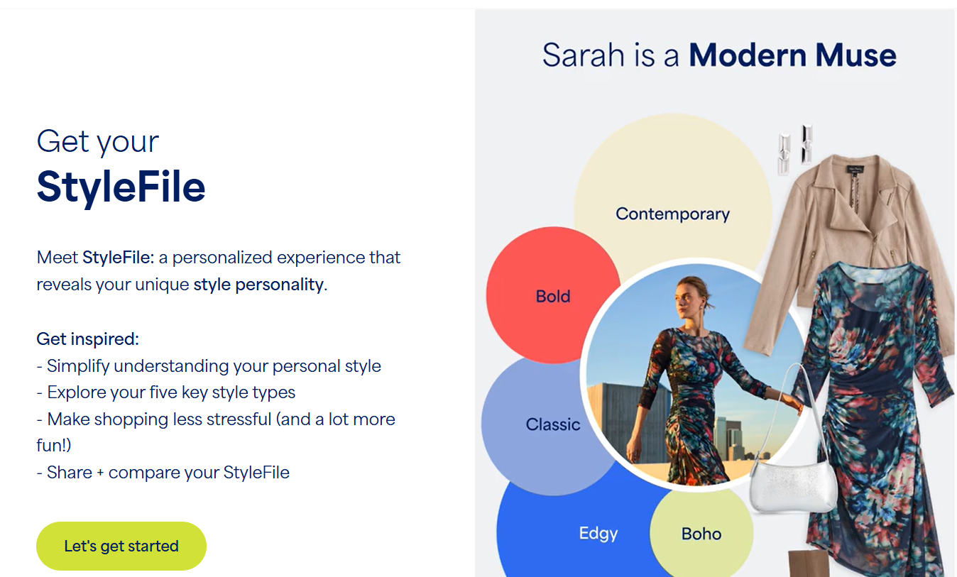 스티치 픽스의 ‘StyleFile’ 소개 화면이예요. 개인의 스타일 성향을 5가지 타입으로 시각화하고, 맞춤 추천 시작을 안내하는 랜딩 섹션이죠.