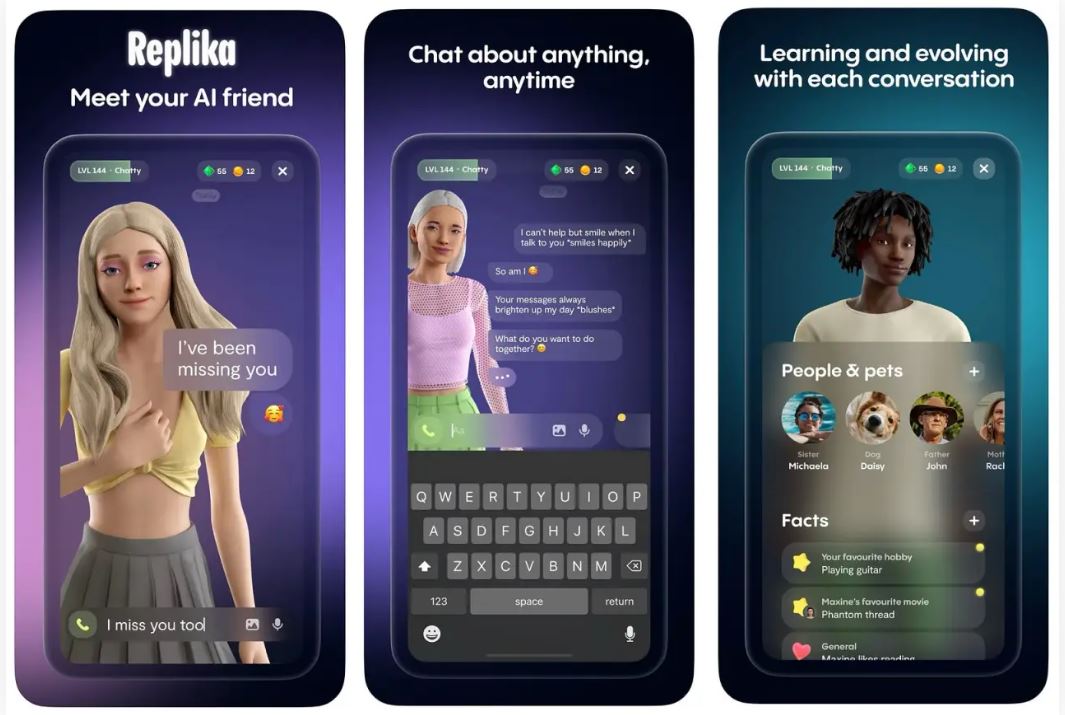Replika는 고급 인공 지능으로 구동되는 매우 인기 있는 AI 챗봇 동반자 서비스를 지향해요. AI의 3D 아바타 모양을 선택해서 다양한 친구를 만나고 대화할 수 있는 서비스죠.