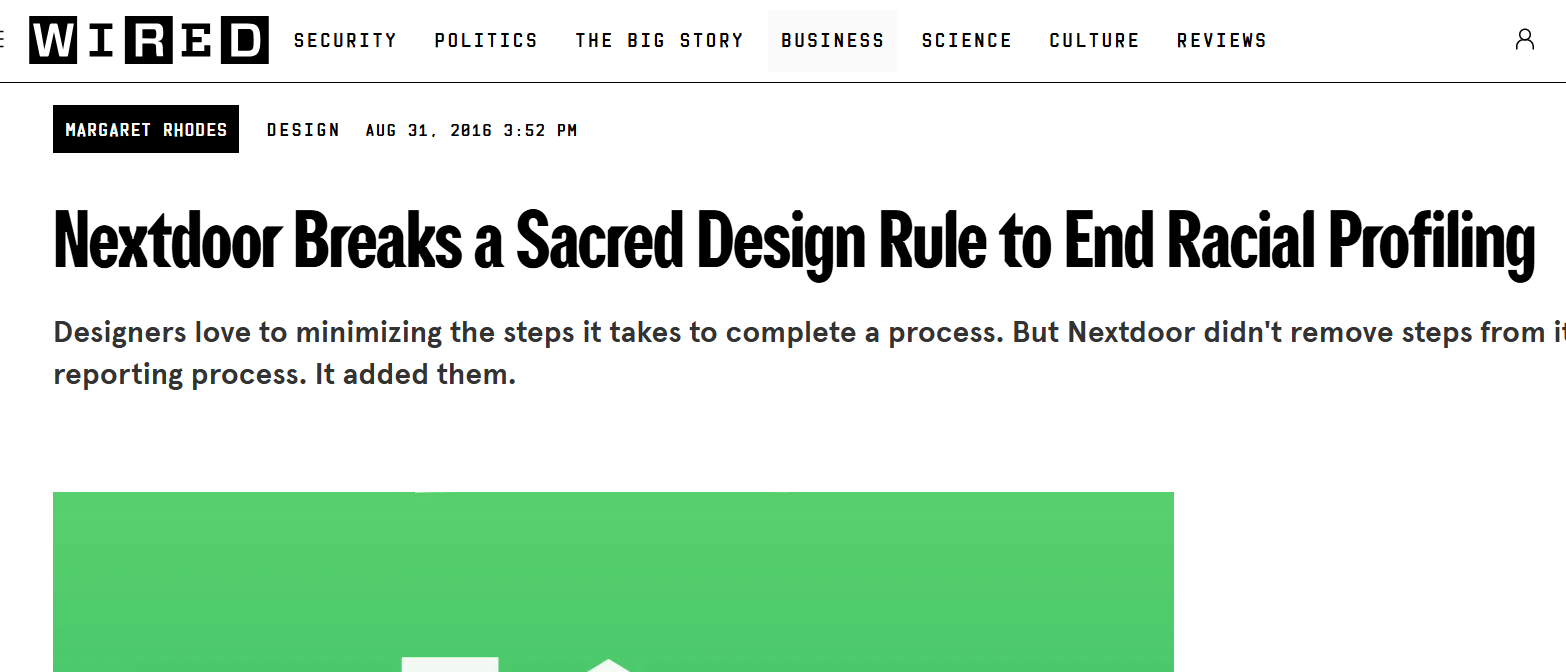 Nextdoor가 인종프로파일링 문제 해결을 위해 어떠한 '인종 기반 신고 예방 UI 폼 설계'안 도입하였는지를 소개하는 기사예요. 클릭시 해당 기사로 이동해요. 