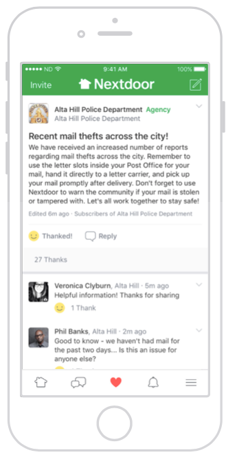 화면처럼, 경찰서 등 지역 공공기관에서 해당 지역의 긴급 경보나 소식을 nextdoor 앱을 통해 주민들에게 전달해요.