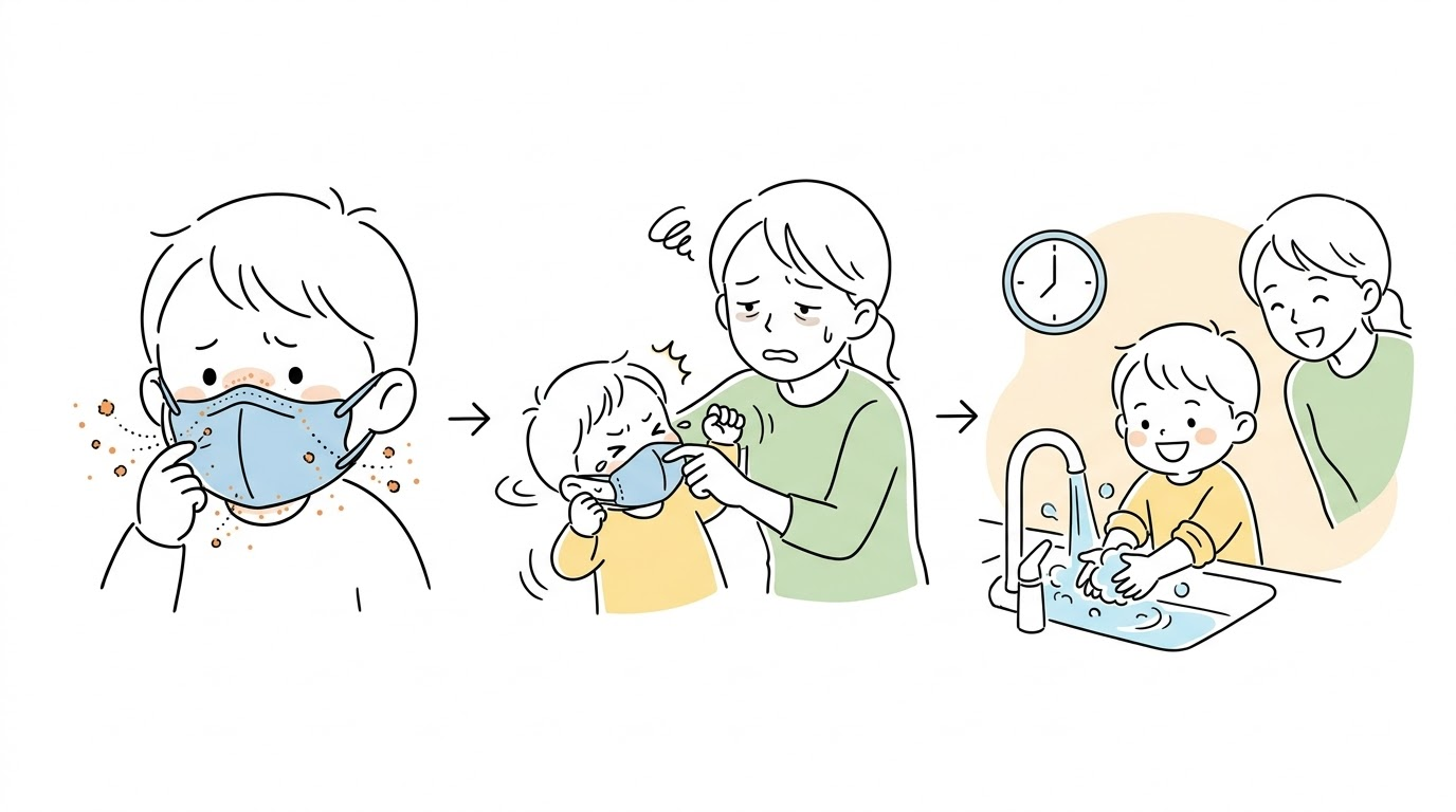 아이와 마스크로 너무 실랑이를 하기보단 손과 얼굴을 잘 씻도록 지도해주세요.