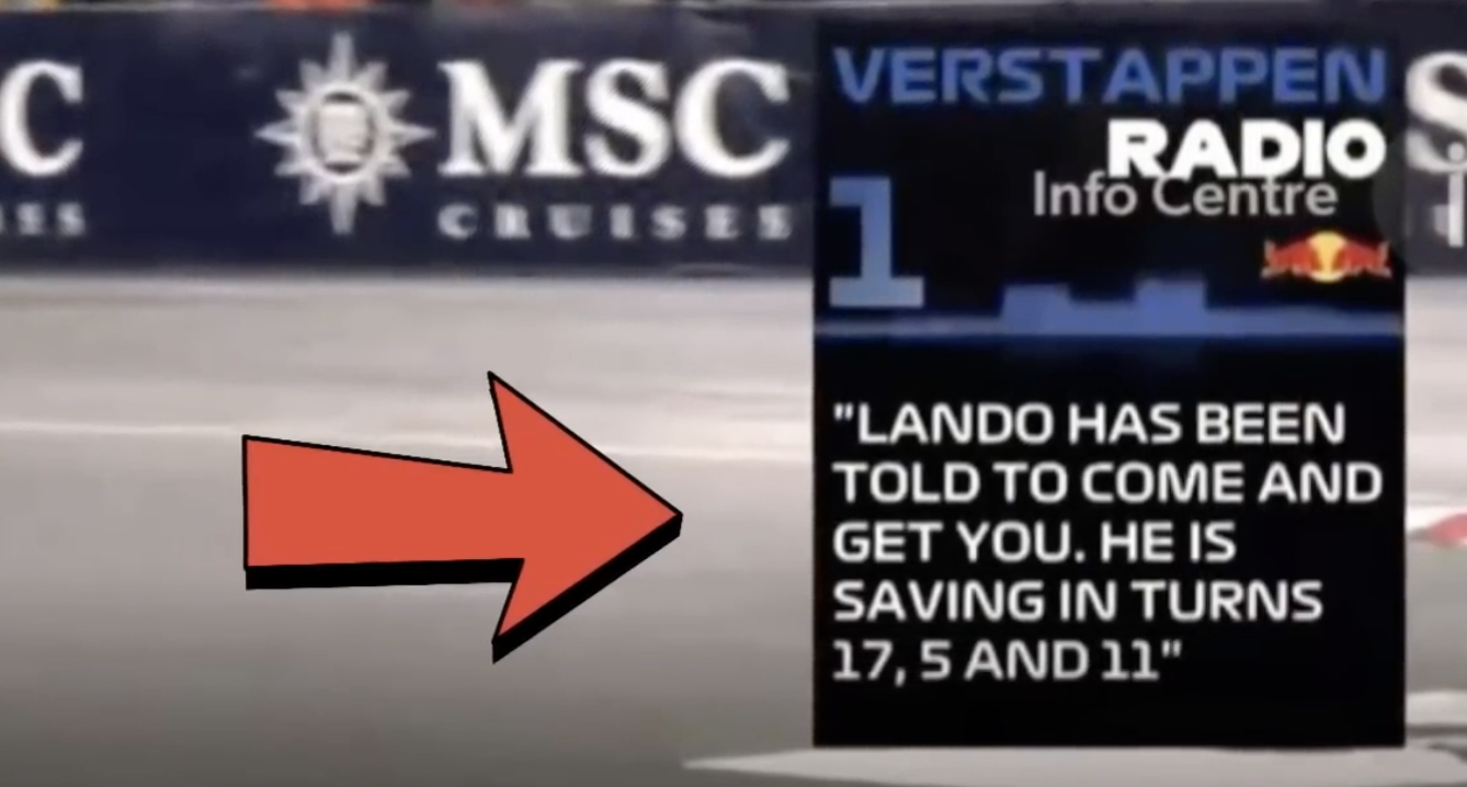 베르스타펜의 엔지니어는 무전으로 “랜도가 널 잡으러 오라는 지시를 받았는데, 특정 코너에선 계속 속도를 아끼고 있다.