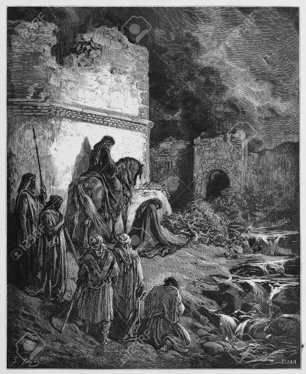 귀스타브 도레,Gustave Doré, '허물어진 예루살렘 성벽을 돌보는 느헤미야', 목판 잉그레이빙, 1866