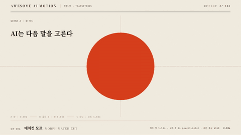 매치컷 모프. 붉은 원 하나가 숫자 0으로, 다시 62% 도넛 차트로 모양을 바꿉니다