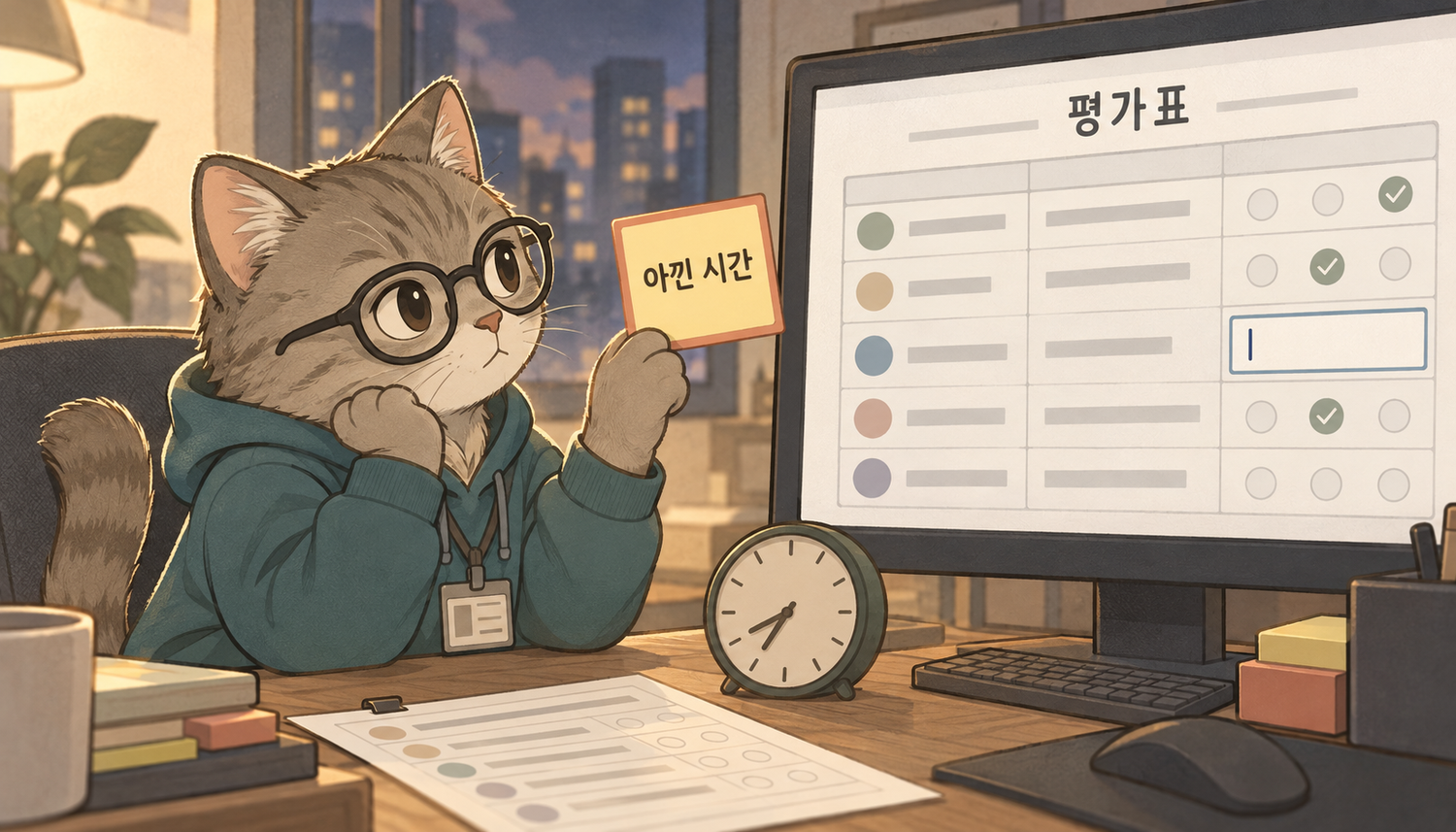 AI로 아낀 하루를 평가표 어디에 올려야 할지 고민하는 공냥이