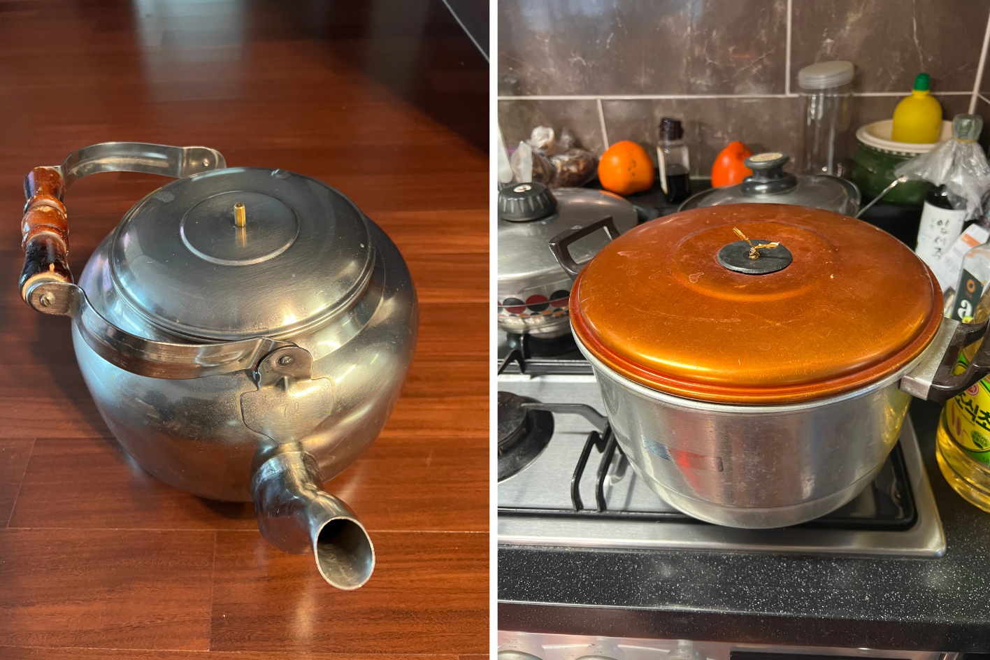 수리님이 보내주신 오래되어 손잡이가 없는 주전자와 냄비 사진