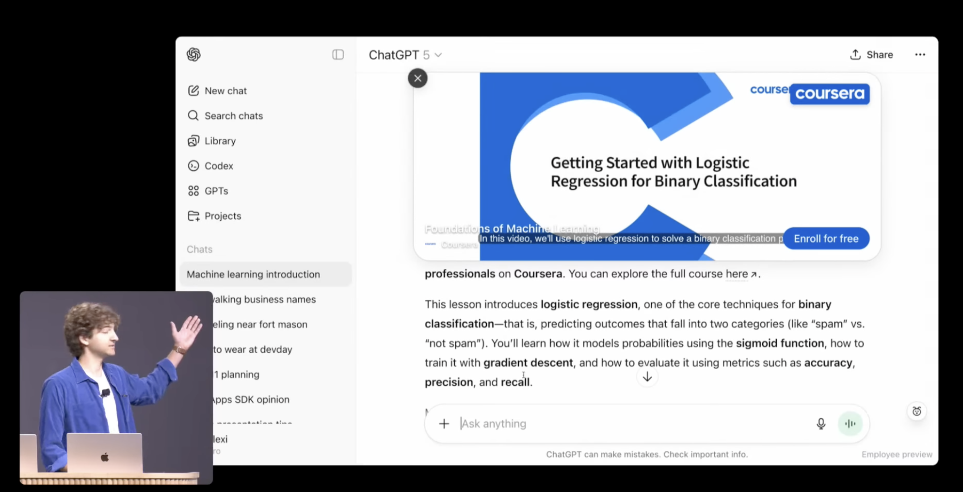 챗GPT 대화창에서 Coursera 강의 플랫폼의 영상을 바로 재생하며, GPT와 함께 피드백을 주고 받으며 학습 가능