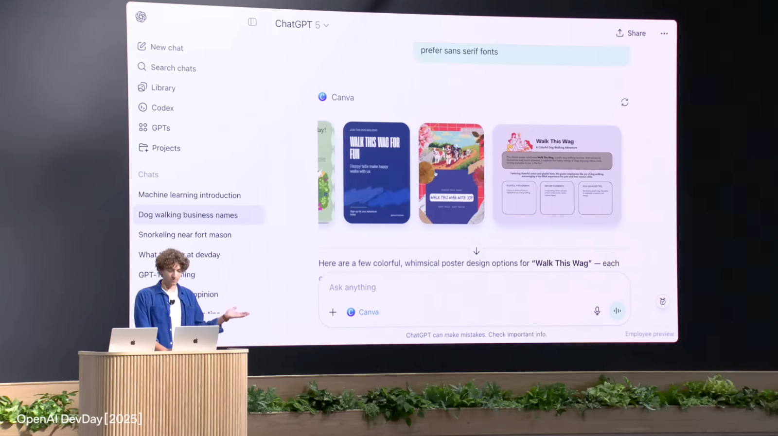챗GPT 대화창에서 Canva에 디자인을 요청하면, 실제로 Canva가 디자인 작업을 완료 후 전달 -> 바로 편집도 가능