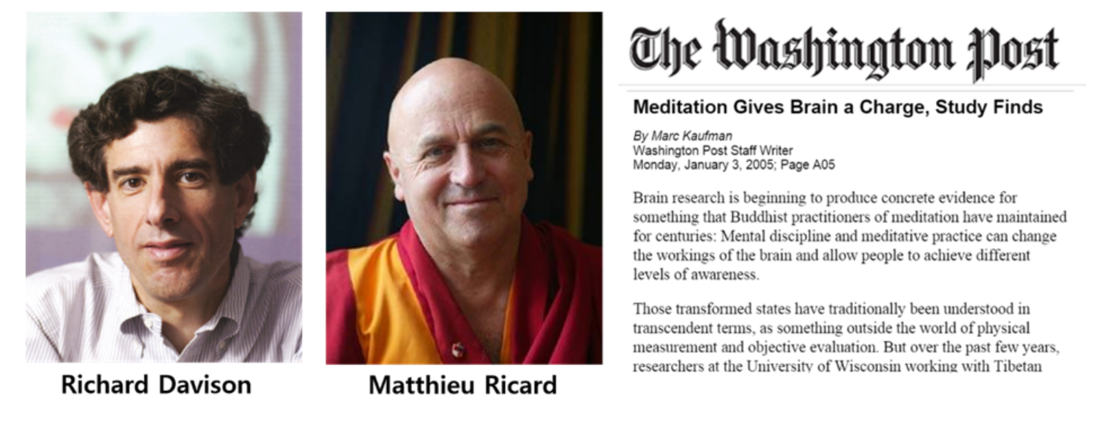 명상을 통한 뇌 변화를 연구한 리처드 데이비슨 박사와 연구결과가 보도된 워싱턴포스트 기사.
