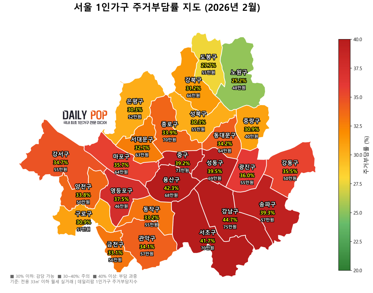 서울 1인가구 주거부담률 지도(자료=국토교통부 실거래가 데이터) ⓒ데일리팝