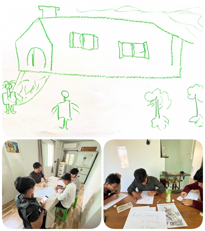 위: 어머니와 둘이 사는 아이의 그림 / 아래: 영어수업과 활동