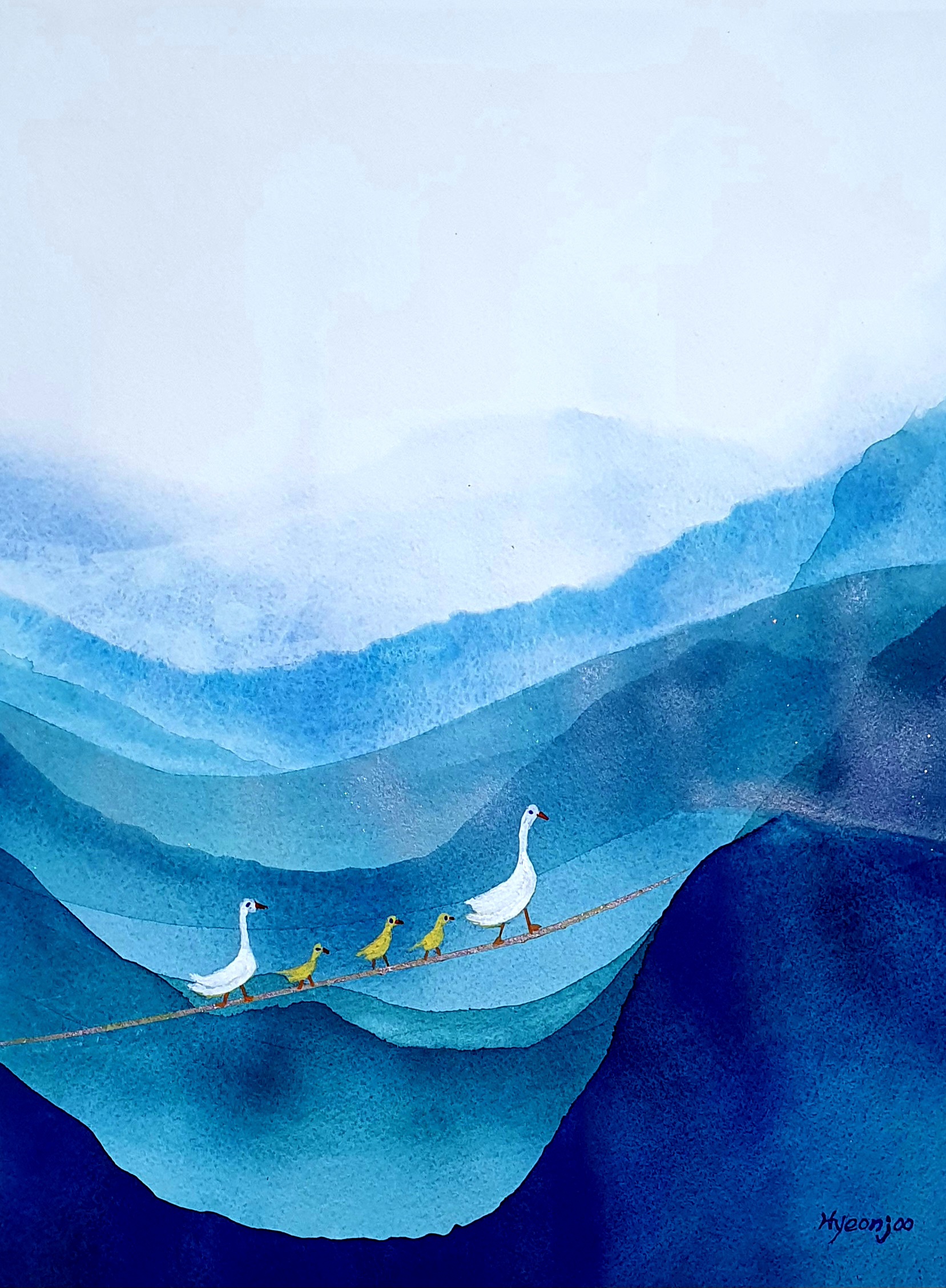깊은 파도위를 건너는 거위 가족3 (watercolor on paper)

