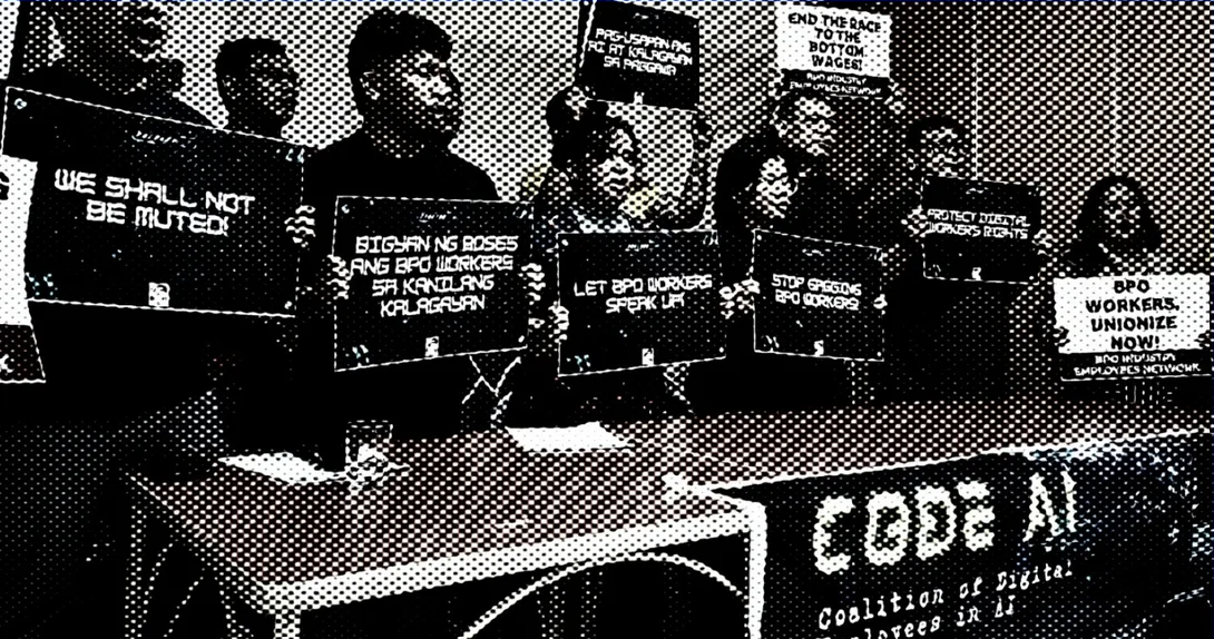 Code AI 멤버들이 2025년 1월 25일 필리핀 Quezon City에서 기자회견을 개최하는 모습. ⓒ Rest of World/BPO Industry Employees Network