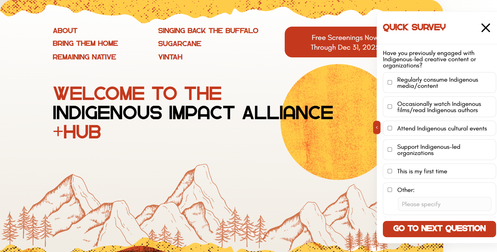 โฒ ์์ฃผ๋ฏผ ์ํฉํธ ์ฐํฉ(Indigenous Impact Alliance)์ ๊ณต์ ํ๋ซํผ ํ๋ฉด. ์ฐํฉ์ ํํธ๋ ๋ชจ์ง์ ์ํ ์ค๋ฌธ์กฐ์ฌ์ ๊ด๋ จ ์๋ฃ๋ฅผ ์ ๊ณตํ๋ ๊ณต๋ ๋ธ๋๋ ๋ฐ ํํ์ด์ง๋ฅผ ๊ตฌ์ถํ๋ค. โ Indigenous Impact Alliance