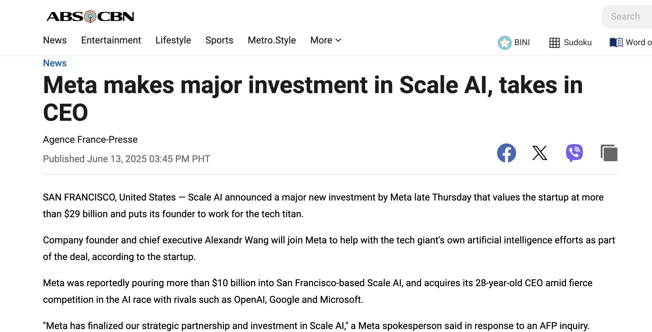 2025년 6월 기사. 메타가 Scale AI에 대규모로 투자하고 CEO였던 왕을 데려간 거래. 이미지 출처 : ABS-CBN, 2025-06-13