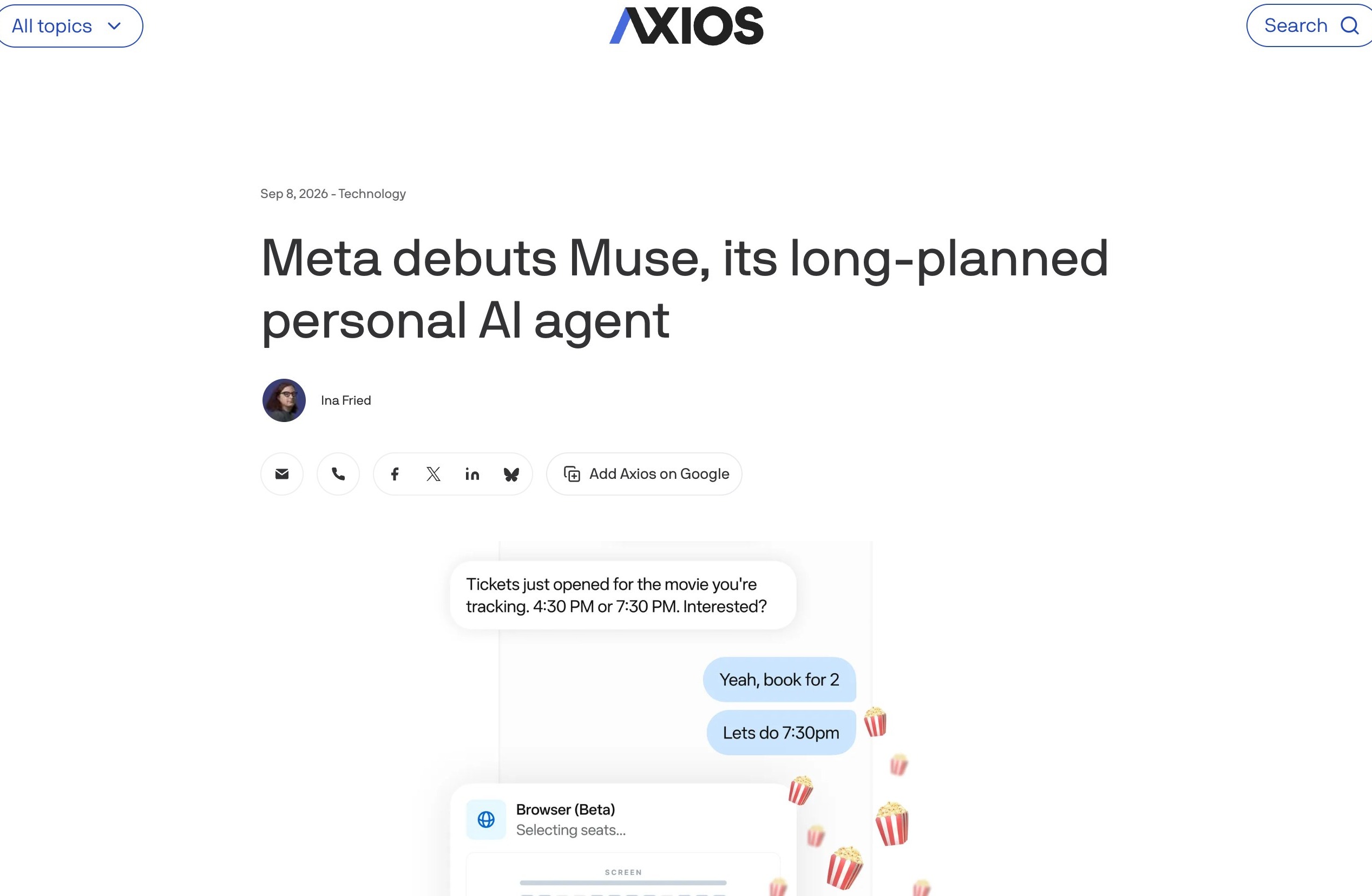 2026년 9월 기사. 메타의 개인 AI 에이전트 Muse 출시. 이미지 출처 : Axios, 2026-09-08