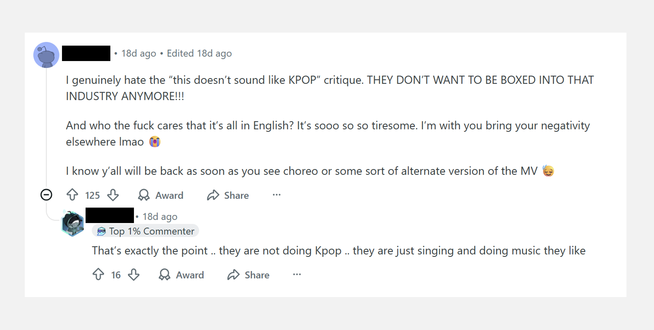 새로운 앨범에 실망한 사람들을 대상으로 BTS를 대변하는 팬들 (Reddit 캡쳐)