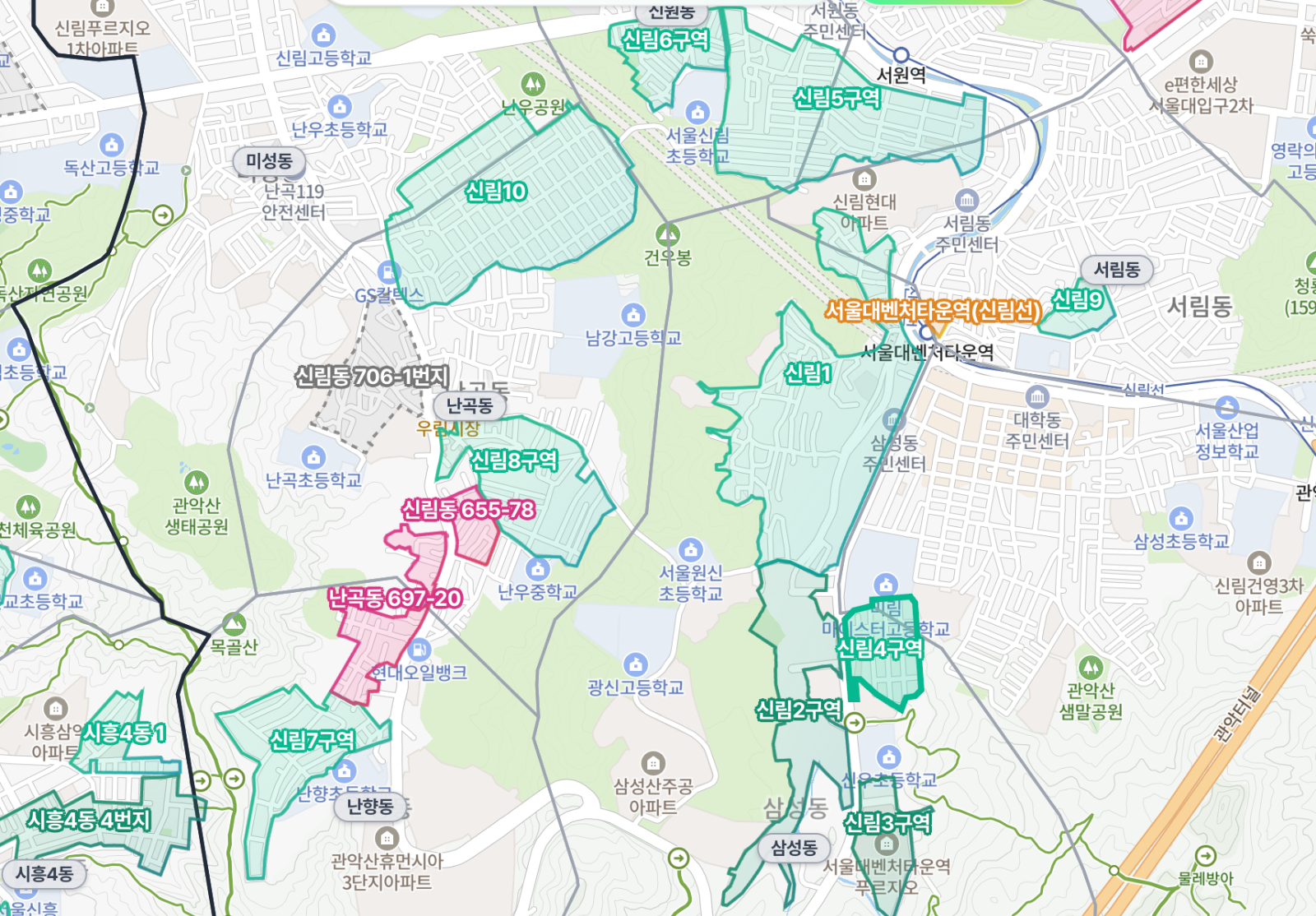 재개발 진행이 활발한 신림 일대