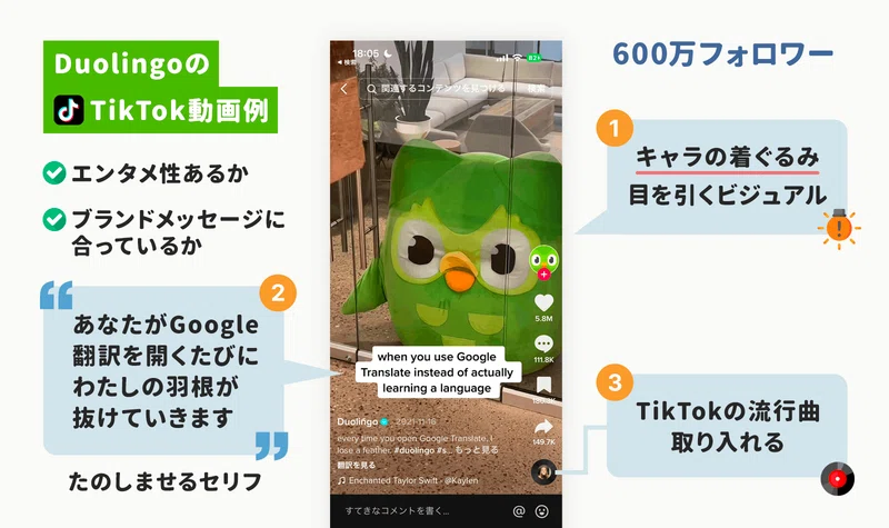 듀오링고 TikTok의 엔터테인먼트 중심 콘텐츠 예시 | 출처: 앱마케팅연구소