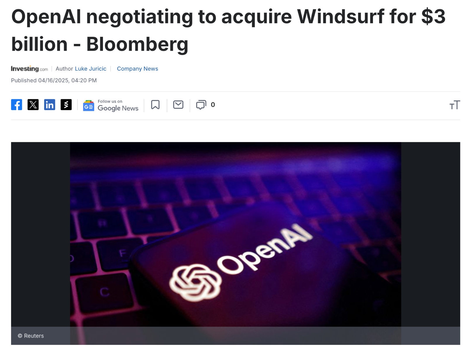 OpenAI는 Windsurf를 3억 달러(약 4,163억 원)를 인수하려 했다. AGI(범용인공지능) 경쟁에 집중하는 OpenAI 같은 기업들은 직접 애플리케이션을 개발하기보다, 윈드서프(Windsurf)와 같이 이미 성공적인 애플리케이션을 인수한 후 자사의 기술을 적용하여 모든 것을 독점하려는 전략을 택하고 있다.