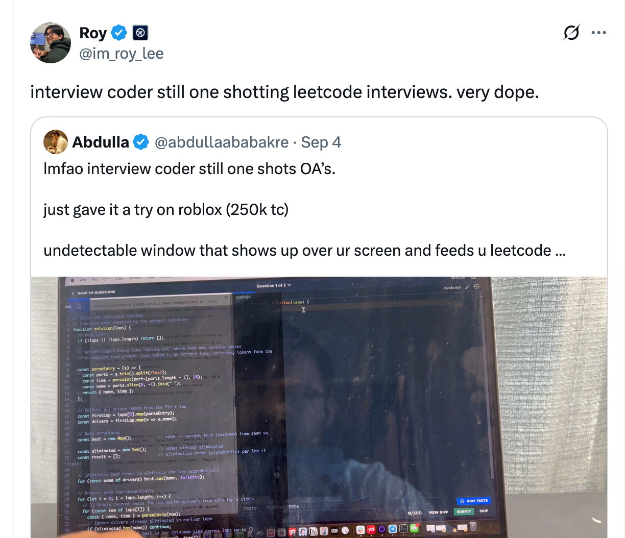 로이는 다른 사용자가 자신의 프로덕트 Interview Coder를 효용성을 극찬한 게시물을 자신의 X 계정에 리트윗하여 바이럴 효과를 극대화하고 있다.(출처: 로이 리의 X)