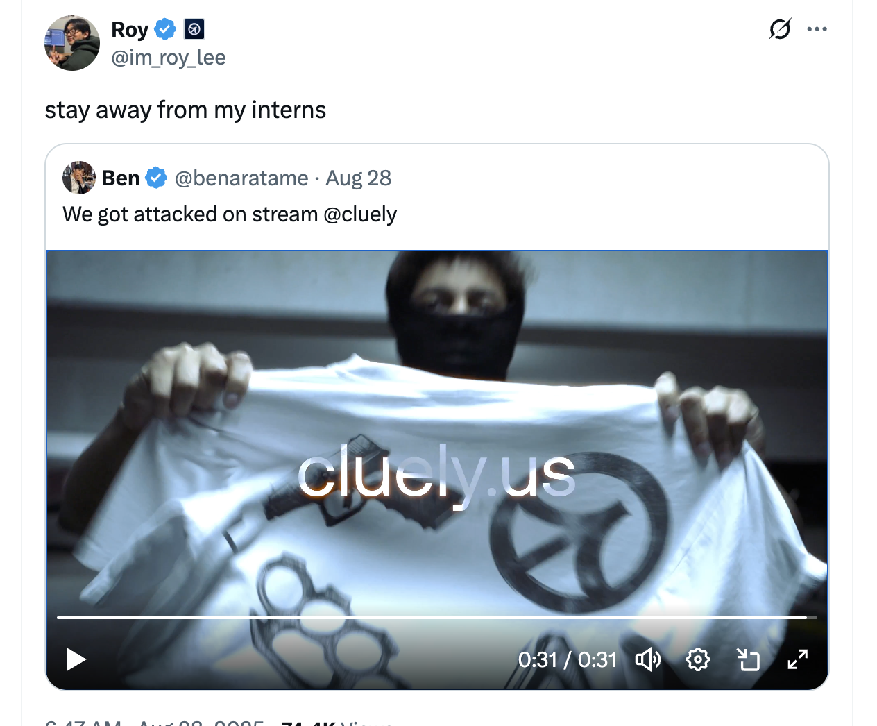 컨벤셔널한 홍보 방식을 탈피하고 자극적이고 사람들의 이목을 끌 만한 영상을 제작해 본인의 기업 홍보 수단으로 삼고 있다.(출처: 로이의 X)