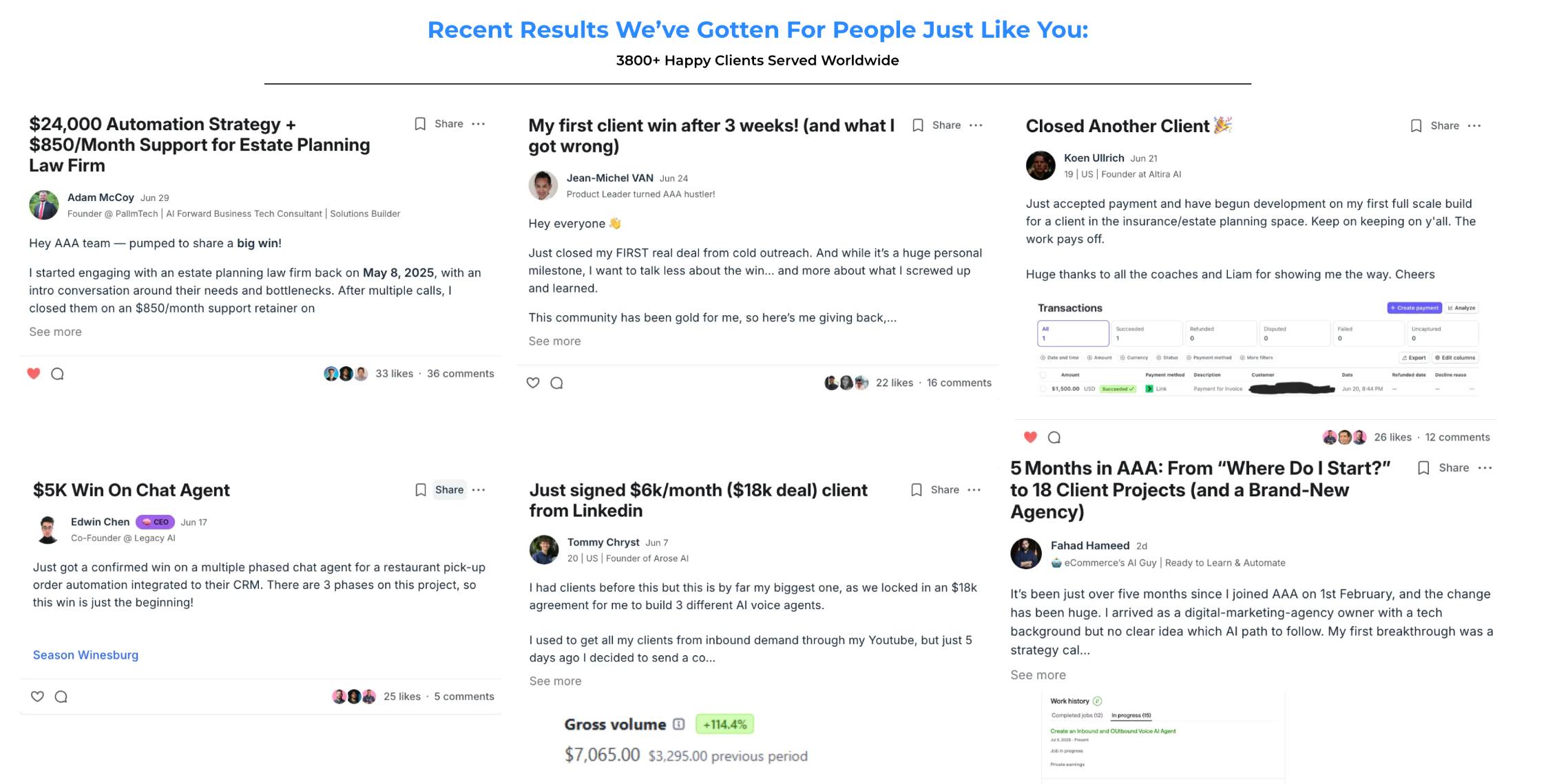 Liam Ottley 그 또한 본인이 운영하는 aaaaccelerator의 랜딩 페이지 하단에 실제 수강생들의 성과를 모아둔 사회적 증명을 배치해 신뢰를 높이고 있다.