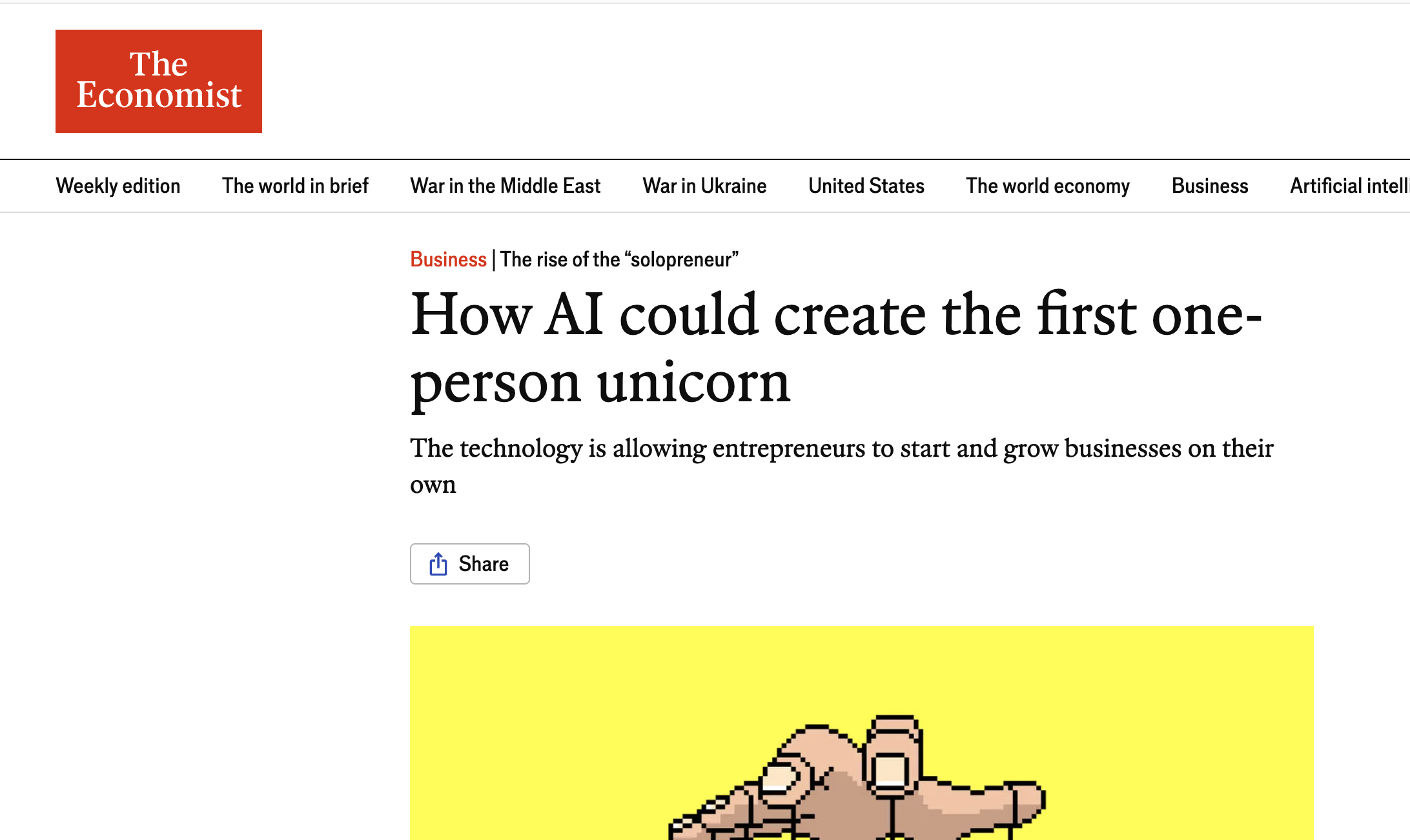 AI의 부상은 1인 기업의 성장 속도를 가속화하고 있다. 『이코노미스트』는 최초의 ‘원맨 유니콘(one-person unicorn)’이 등장할 가능성까지 제기한다. 자동화와 AI는 소규모 인력으로도 사업의 설계·실행·확장을 가능하게 하고 있다.(출처: economist)