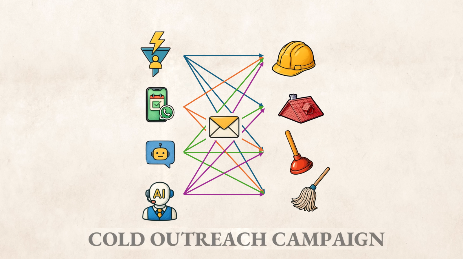 Liam Ottley가 설명하는 콜드 아웃리치 캠페인은 단순하지만 강력하다. 에어컨·지붕 수리·해충 방제·배관 같은 기술 장벽이 낮은 니치에 동일한 이메일을 보내고, 반응률을 통해 가장 유망한 시장을 가려내는 방식이다