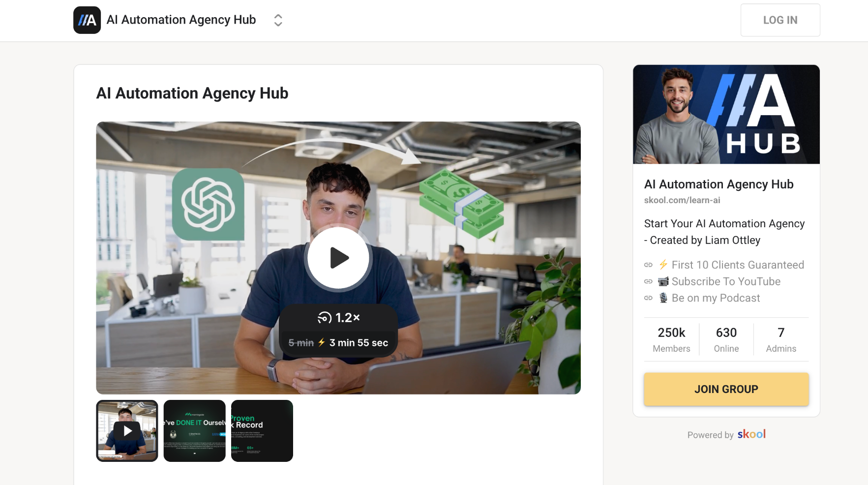 Liam Ottley는 Skool 플랫폼에 전용 커뮤니티를 만들고 수십만 명을 모으면서 관계를 쌓고 있다. 표면적으로는 무료 커뮤니티지만, 실상은 에이전시 전문성을 증명하고 신뢰를 구축한 뒤 교육·코스·코칭으로 연결되는 정교한 수익화 퍼널의 일부다.