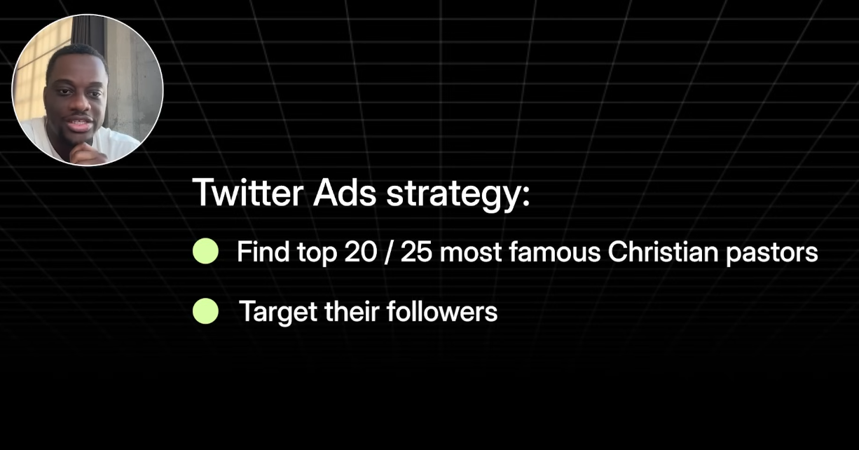 트위터 광고 전략 (출처: Superwall)1. 가장 유명한 기독교 목사 20 / 25명 찾기2. 해당 목사의 팔로워를 타겟팅하여 광고하기